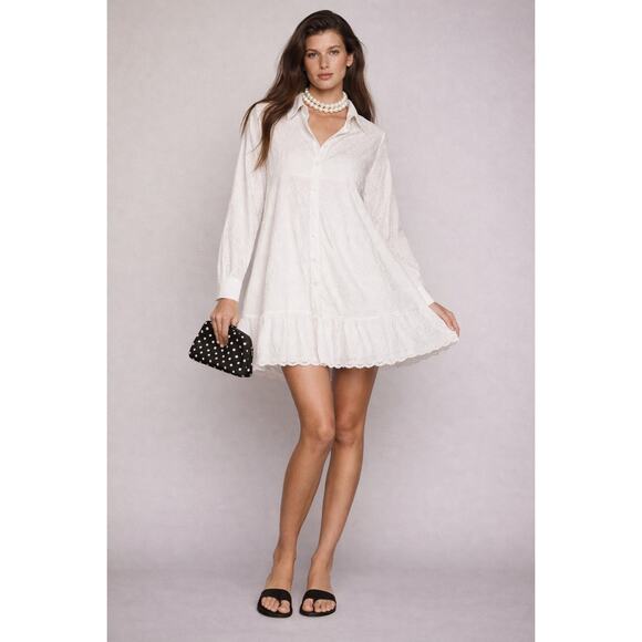 River Island Dresses & Skirts - NWT River Island UK White Cotton Ruffle Eyelet Button-Up Mini Dress UK 14 US 10